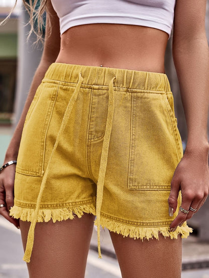 Drawstring Raw Hem Denim Shorts MS231013020418FS Honey / S