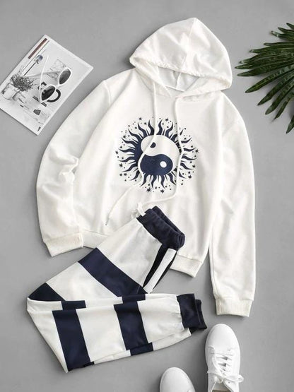 Drawstring The Eight Diagrams Stripes Sweat Two Piece Set for Women