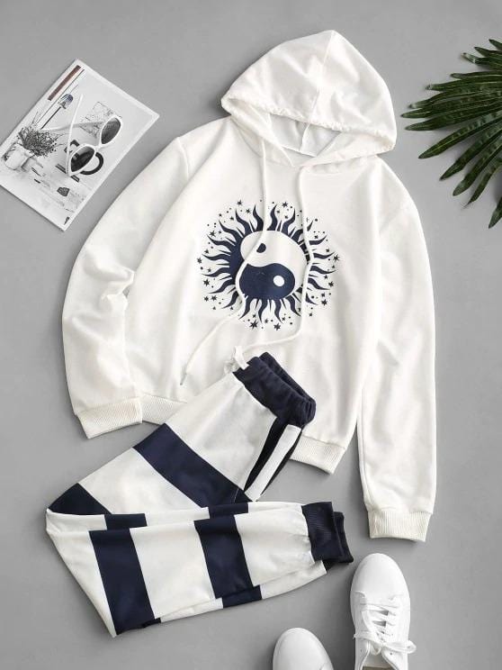 Drawstring The Eight Diagrams Stripes Sweat Two Piece Set for Women PAN210308059WHIS White / S