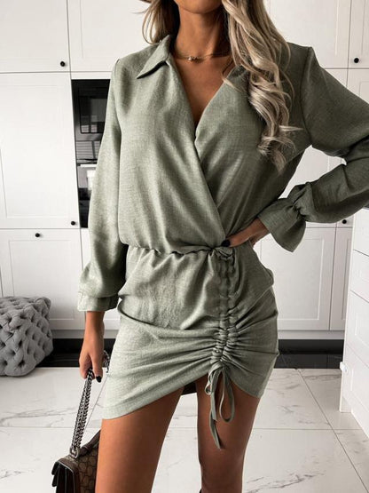 Dresses Fashion V-Neck Long Sleeve Drawstring Dress for Women DRE2112103059GRES Green / S