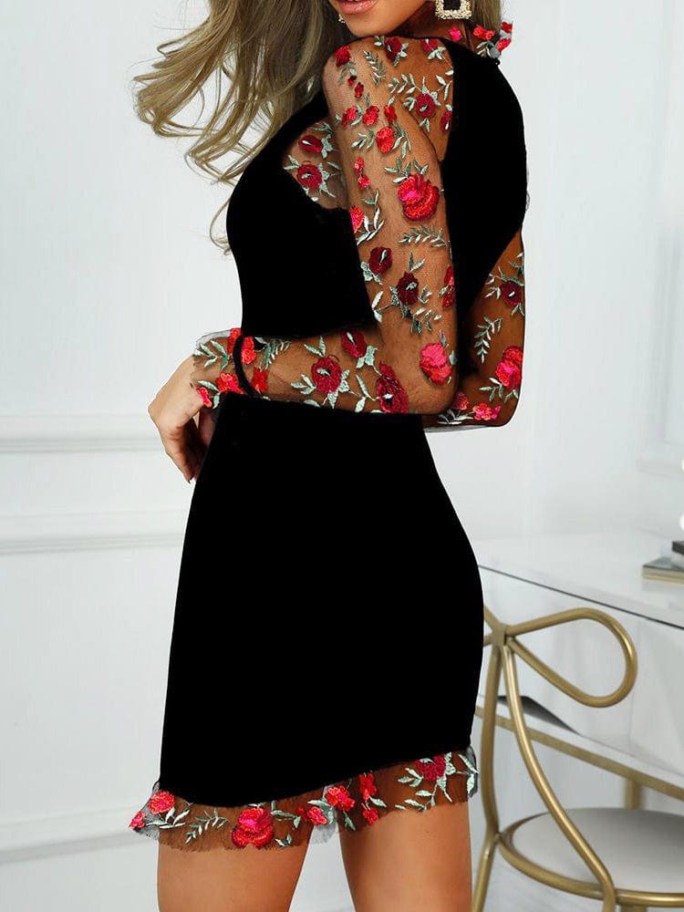 Dresses Rose Embroidered Mesh Long Sleeve Dress for Women