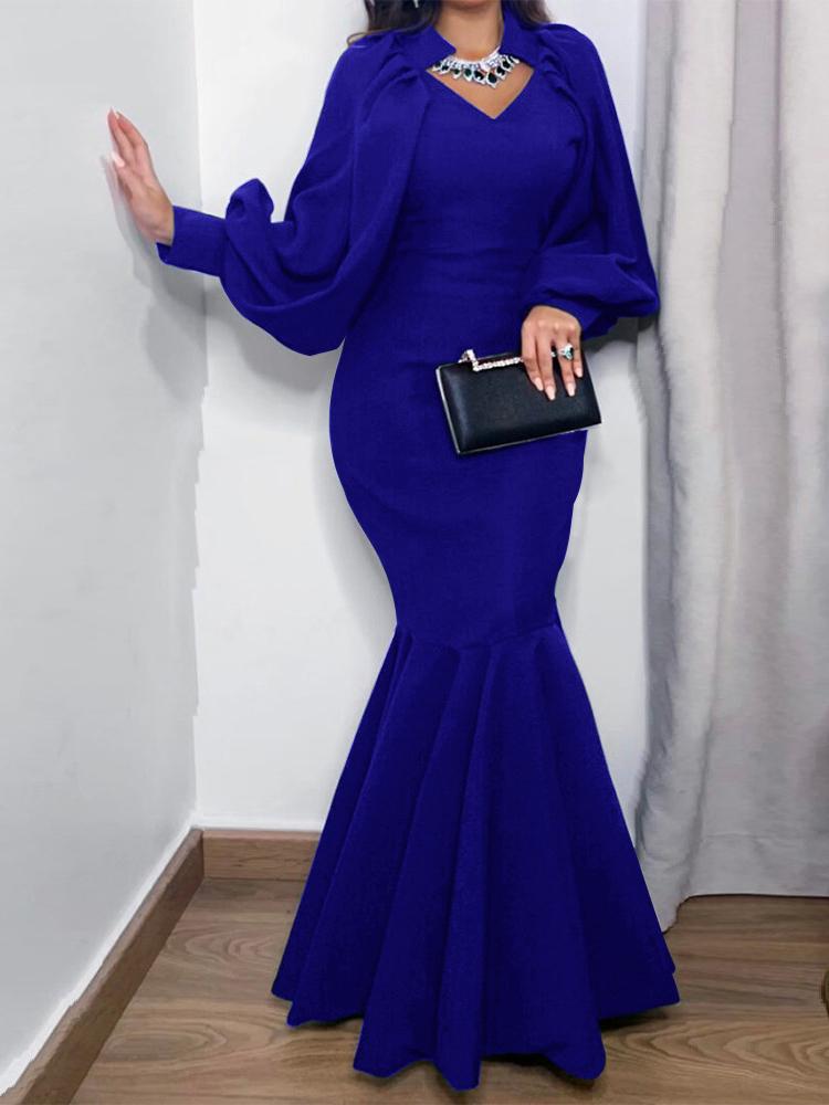 Dresses Shawl V-Neck Lantern Long Sleeve Fishtail Dress for Women DRE2111222939BLUS Blue / S