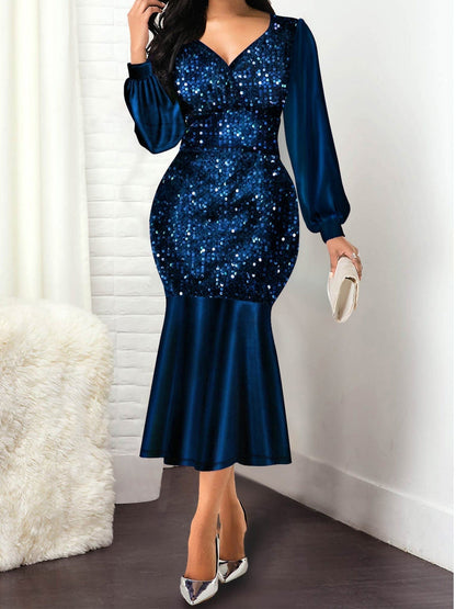 Dresses V-Neck Spliced Shiny Long Sleeve Mermaid Dress for Women