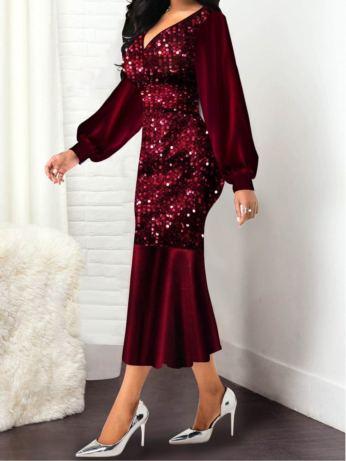 Dresses V-Neck Spliced Shiny Long Sleeve Mermaid Dress for Women