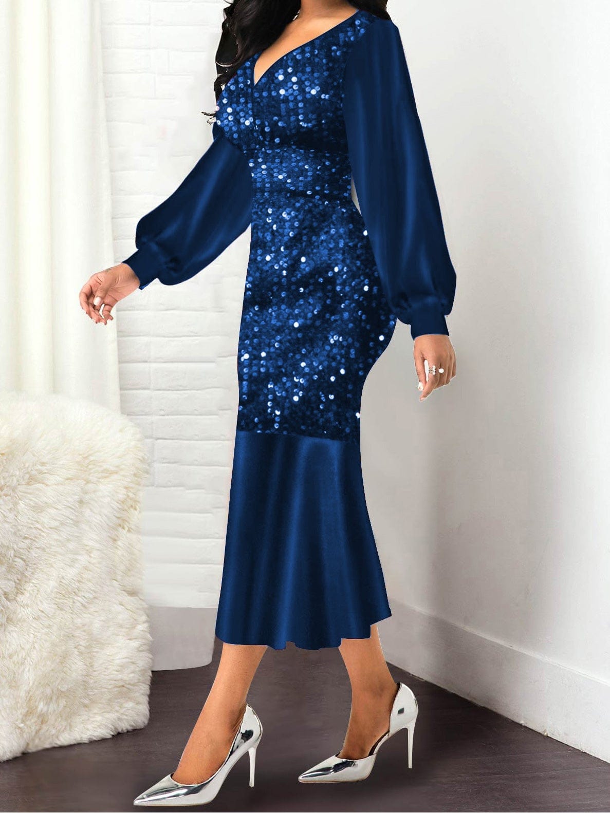 Dresses V-Neck Spliced Shiny Long Sleeve Mermaid Dress for Women