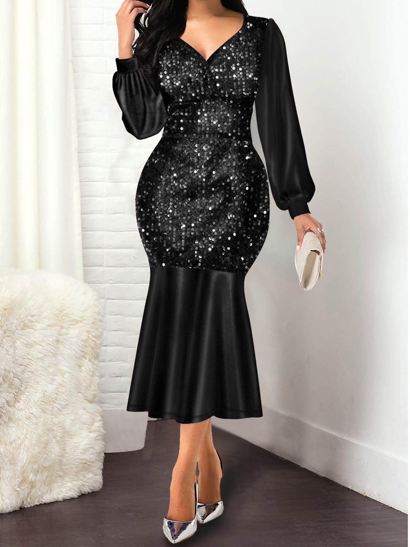 Dresses V-Neck Spliced Shiny Long Sleeve Mermaid Dress for Women DRE2112293207BLAS Black / S