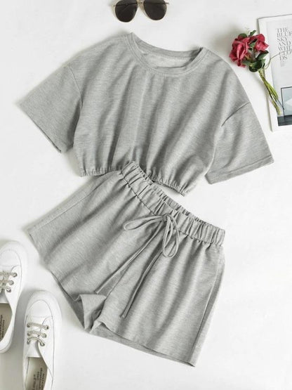 Drop Shoulder Bowknot Lounge Shorts Set for Women