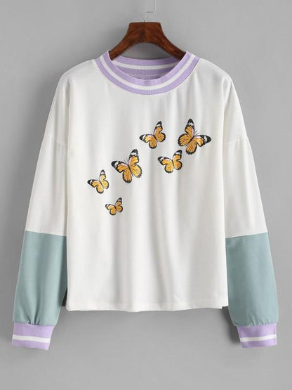 Drop Shoulder Butterfly Print Colorblock Sweatshirt for Women