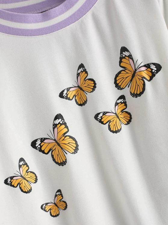 Drop Shoulder Butterfly Print Colorblock Sweatshirt - LuckyFash™