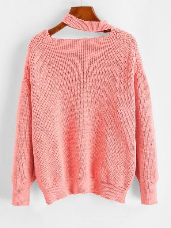 Drop Shoulder Choker Pointelle Knit Sweater - LuckyFash™