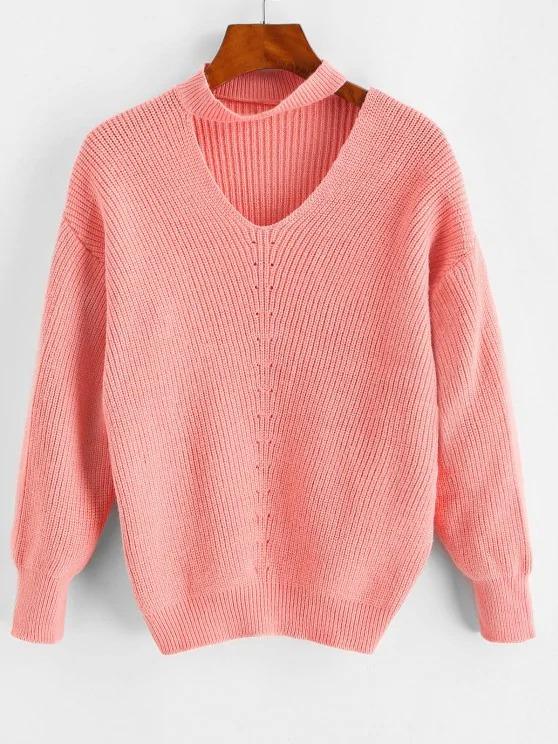 Drop Shoulder Choker Pointelle Knit Sweater - LuckyFash™