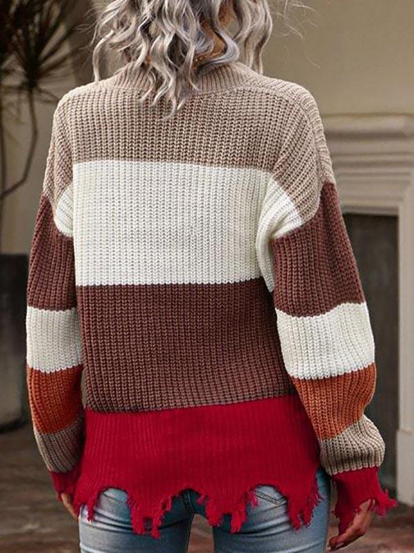 Drop Shoulder Colorblock Frayed Sweater - LuckyFash™