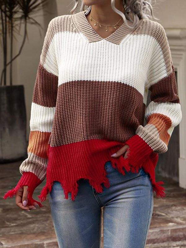 Drop Shoulder Colorblock Frayed Sweater - LuckyFash™