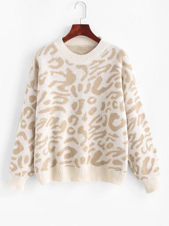 Drop Shoulder Crew Neck Leopard Sweater for Women