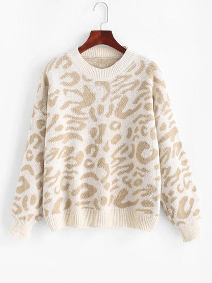 Drop Shoulder Crew Neck Leopard Sweater for Women