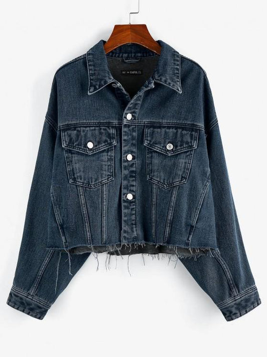 Drop Shoulder Frayed Hem Denim Jacket for Women