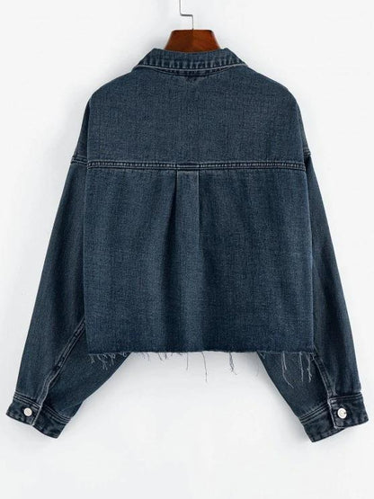 Drop Shoulder Frayed Hem Denim Jacket - LuckyFash™