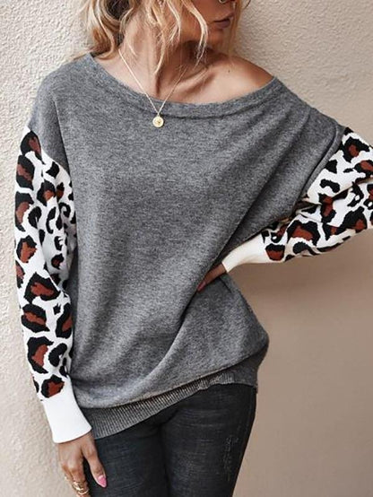 Drop Shoulder Leopard Panel Pullover Sweater - LuckyFash™