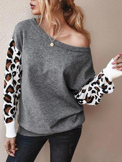 Drop Shoulder Leopard Panel Pullover Sweater - LuckyFash™