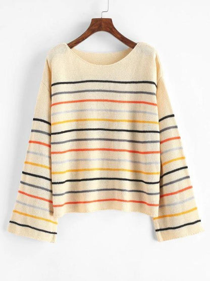 Drop Shoulder Mixed Stripes Sweater for Women