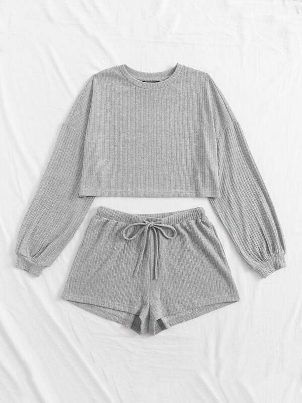 Drop Shoulder Rib-knit Tee and Drawstring Waist Shorts Set - LuckyFash™