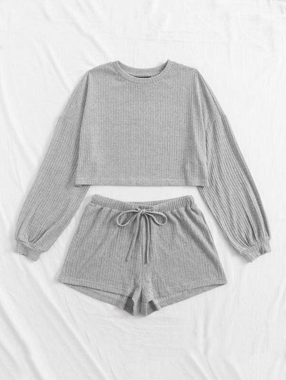 Drop Shoulder Rib-knit Tee and Drawstring Waist Shorts Set - LuckyFash™