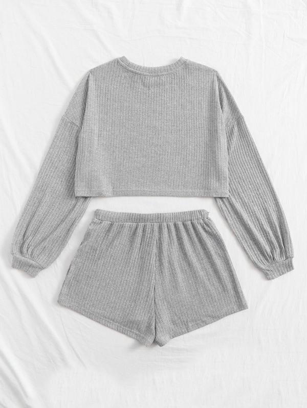 Drop Shoulder Rib-knit Tee and Drawstring Waist Shorts Set - LuckyFash™