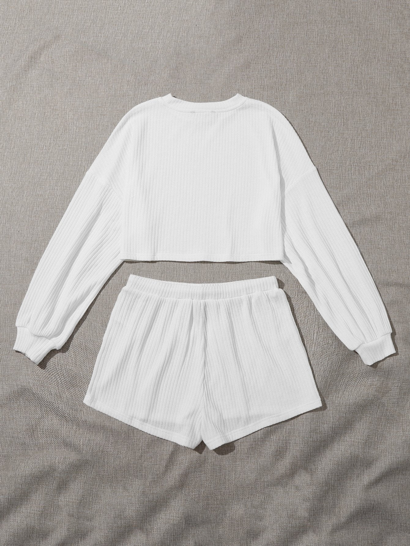 Drop Shoulder Rib-knit Tee and Drawstring Waist Shorts Set - LuckyFash™