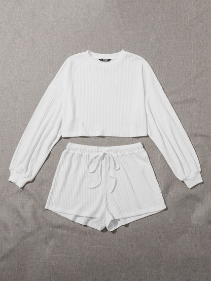 Drop Shoulder Rib-knit Tee and Drawstring Waist Shorts Set - LuckyFash™