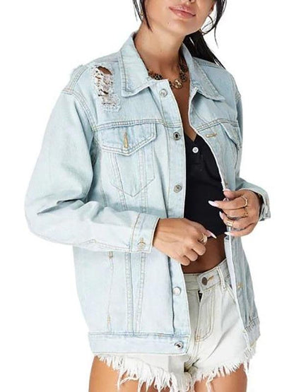 Drop Shoulder Ripped Pocket Denim Jacket for Women