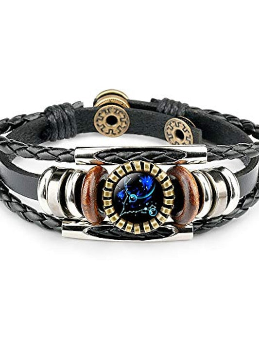 12 zodiac constellation bracelet, leather hand-woven galaxy astrology luminous adjustable snap buckle wristband-retro fashion (best friend's constellation gift) - LuckyFash™