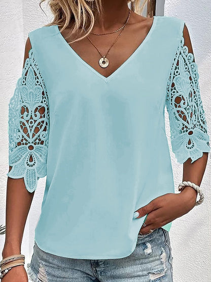 Women's Blouse White Pink Blue Plain Lace Cut Out Half Sleeve Daily Weekend Basic V Neck Regular S - LuckyFash™