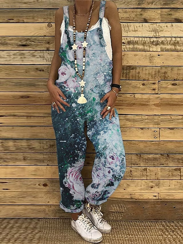 Women's Jumpsuit overall Floral Crew Neck Streetwear Home Straight Loose Fit Spaghetti Strap Tank Light Green Pink Red S M L Fall Summer