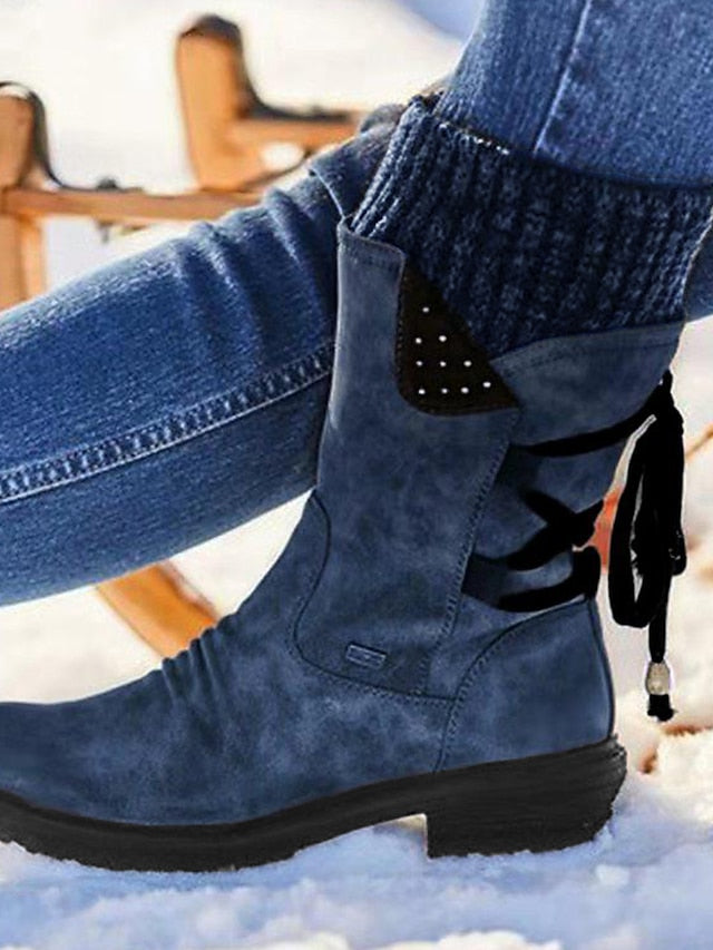 Women's Boots Snow Boots Outdoor Daily Mid Calf Boots Winter Lace-up Flat Heel Round Toe Casual Faux Leather Zipper Blue Purple Khaki - LuckyFash™