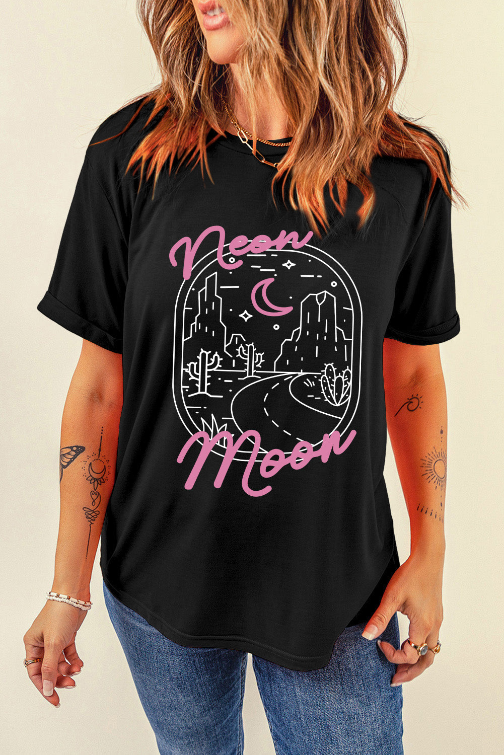 Black neon moon Letter Graphic Short Sleeve Top