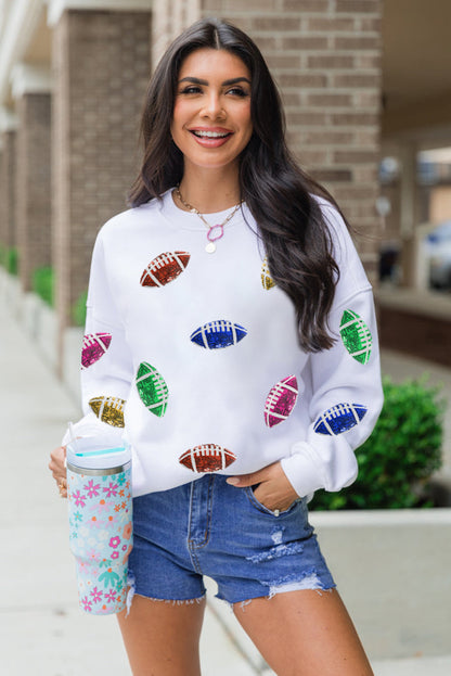 Beige Sequined Rugby Football Pattern O Neck Game Day Sweatshirt