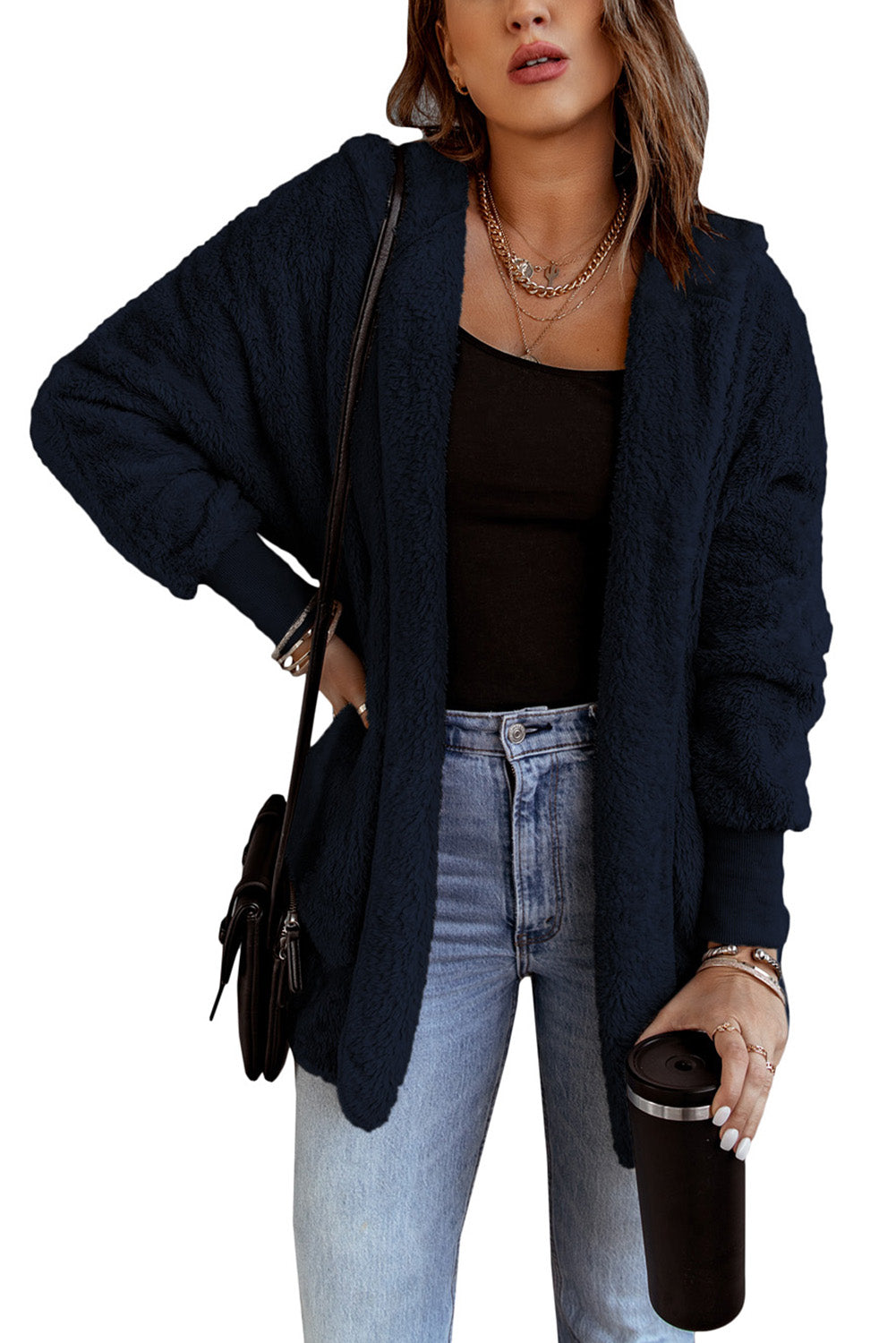 Blue Soft Fleece Hooded Open Front Coat