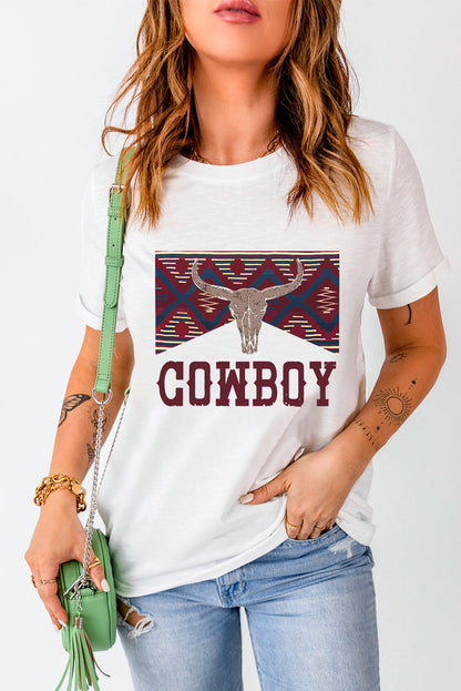 White COWBOY Western Steer Head Print Round Neck T Shirt