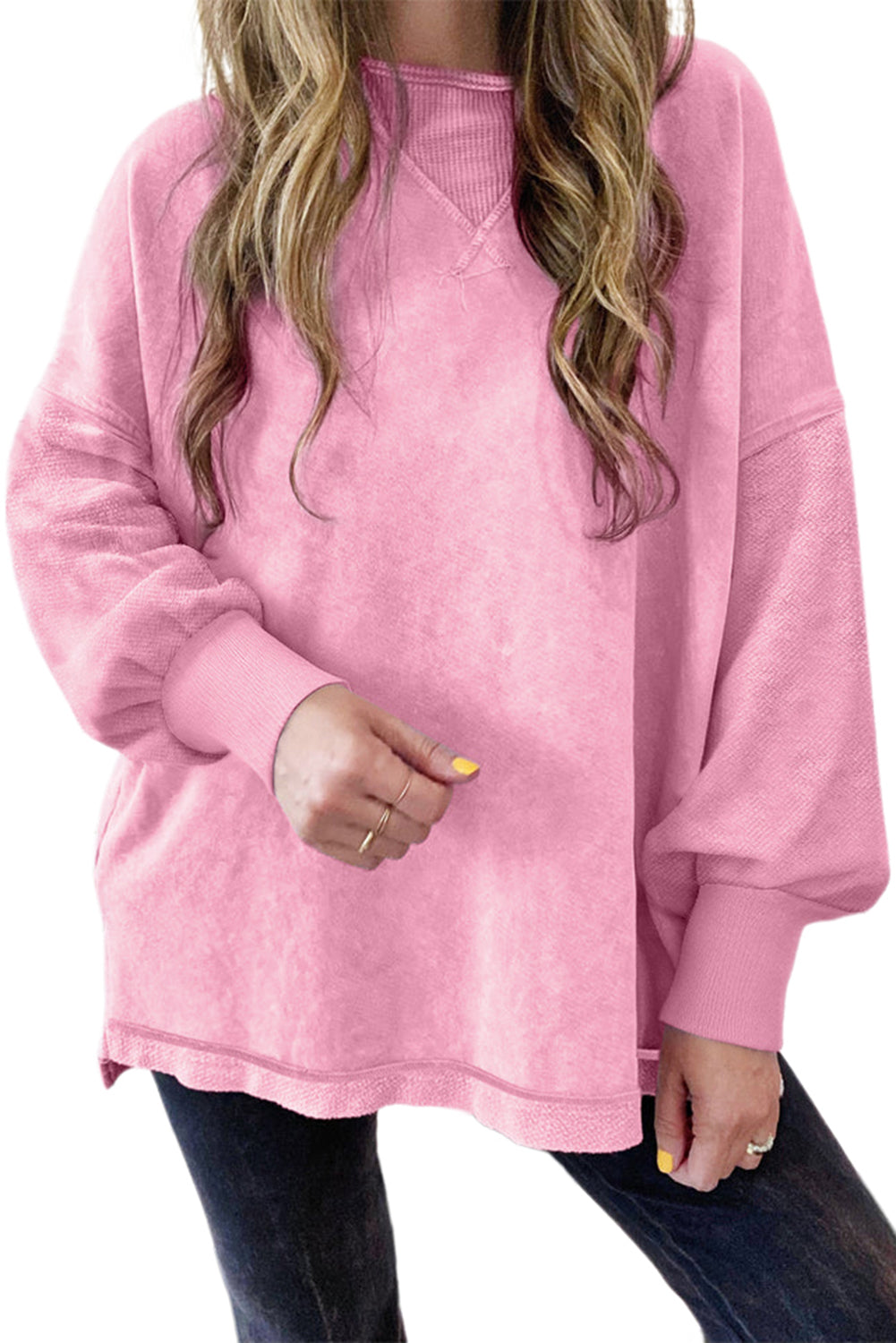 Strawberry Pink Mineral Wash Drop Shoulder Pullover Sweatshirt