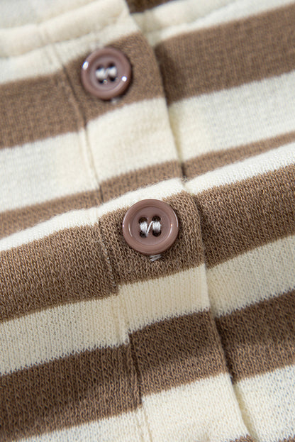 Brown Stripe Quarter Buttons Drop Sleeve Plus Size Hoodie