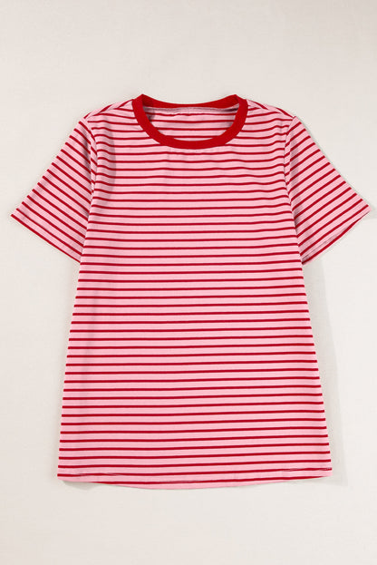 Pink Stripe Crew Neck Casual T Shirt