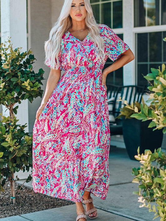 V-Neck Long Sleeve Print Dress