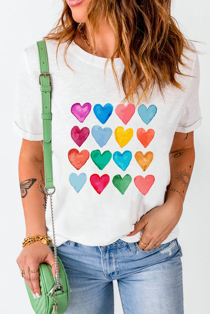 White Colorful Heart Shaped Print Crew Neck T Shirt