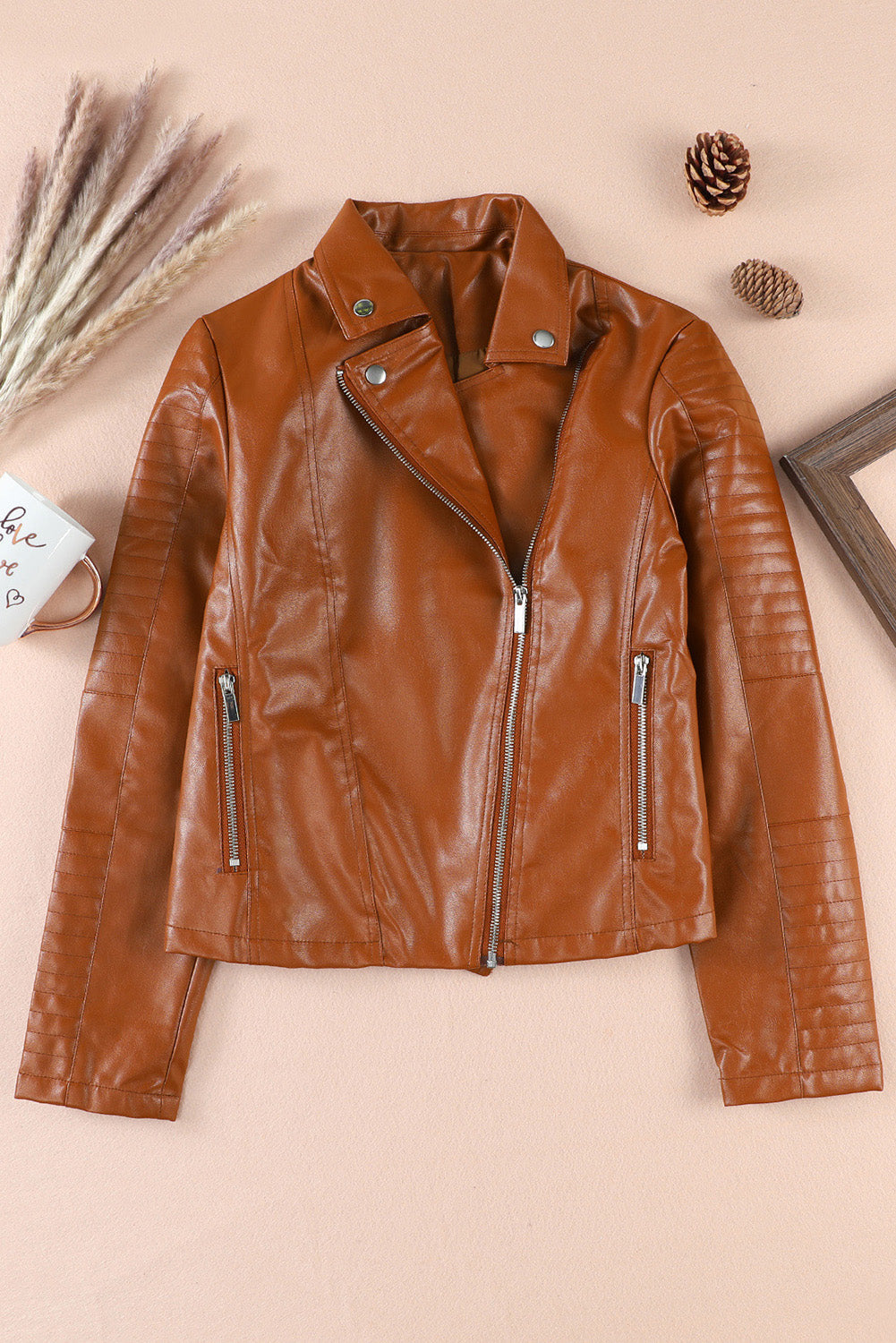 Brown Ribbed Seam Detail Faux Leather Zipped Motorcycle Jacket