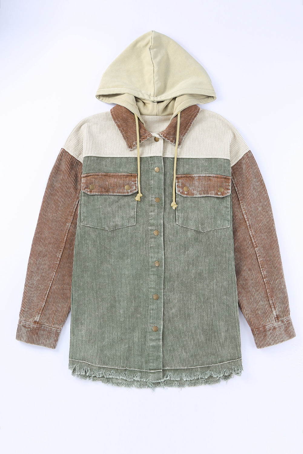 Green Color Block Button Down Hooded Corduroy Jacket