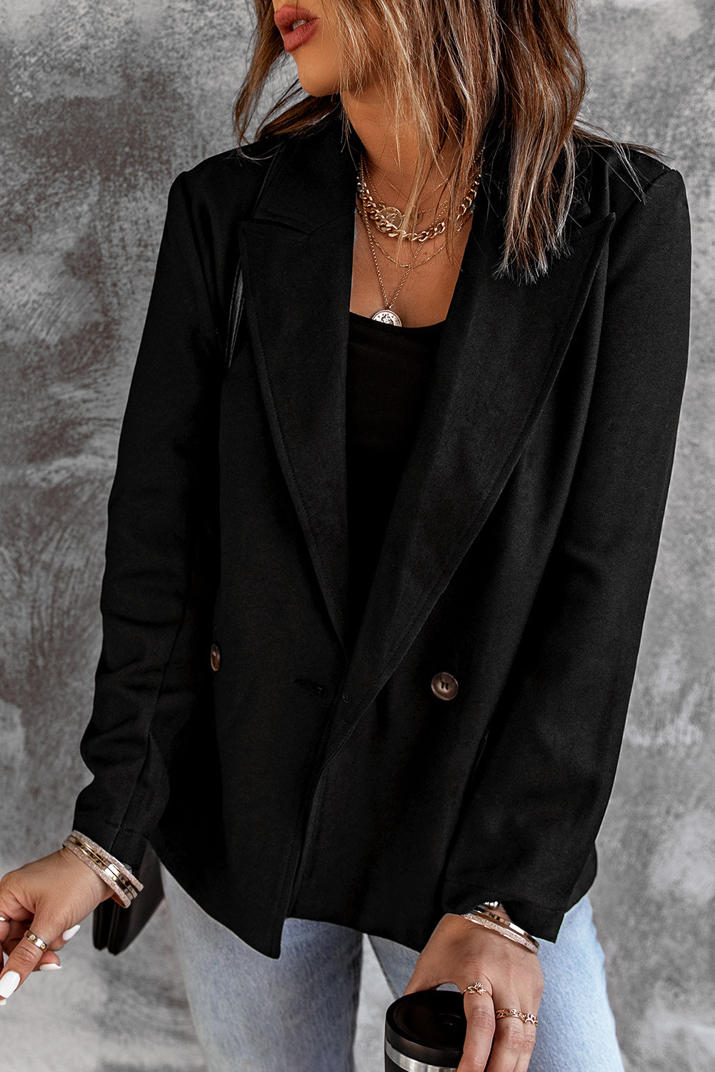 Black Buttoned Lapel Collar Blazer with Pocket