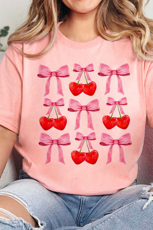 Pink Bow Cherry Print Crew Neck Casual T Shirt