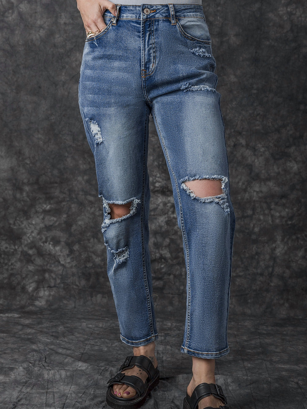 High Waist Ripped Raw Edge Comfort Loose Pants