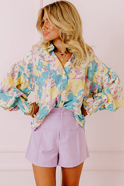 Yellow Floral Allover Print Shirred Cuff Oversized Shirt