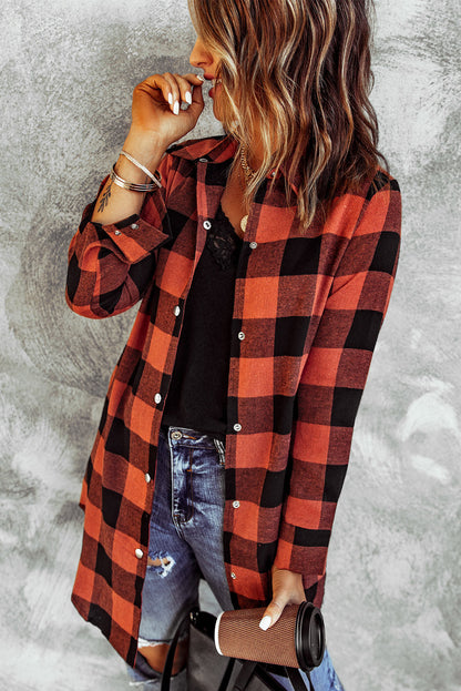 Fiery Red Turn-down Collar Plaid Shirt Coat